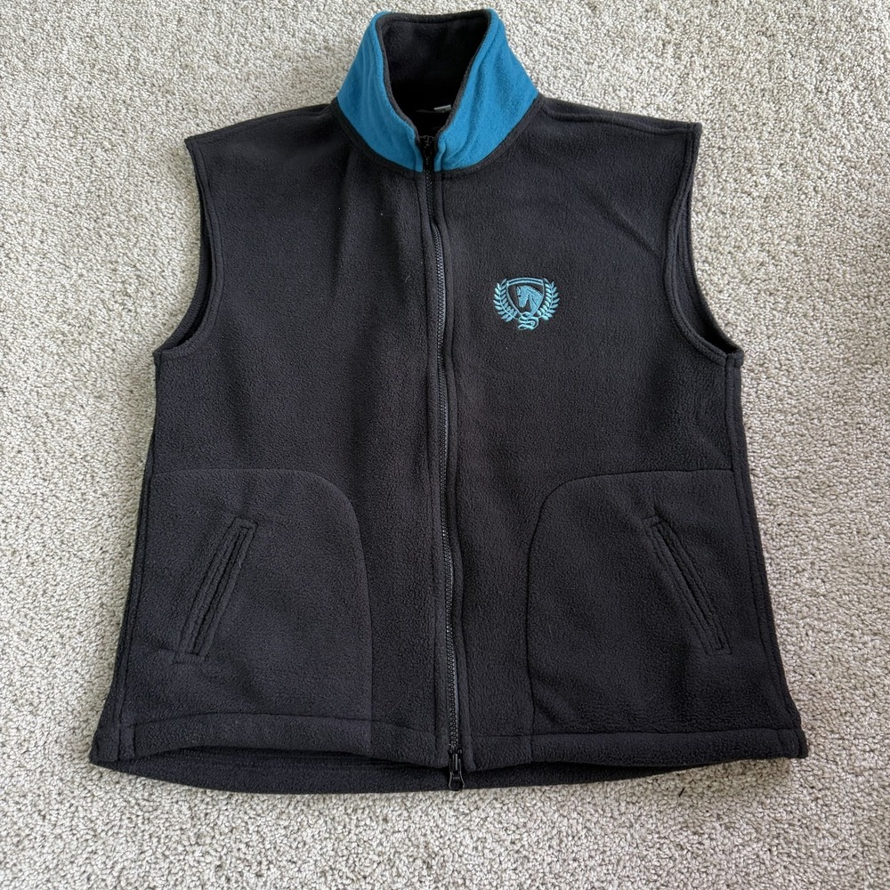 Polartec Vest Mens L Black Fleece Full Zip Stand Collar Pockets Horse Logo